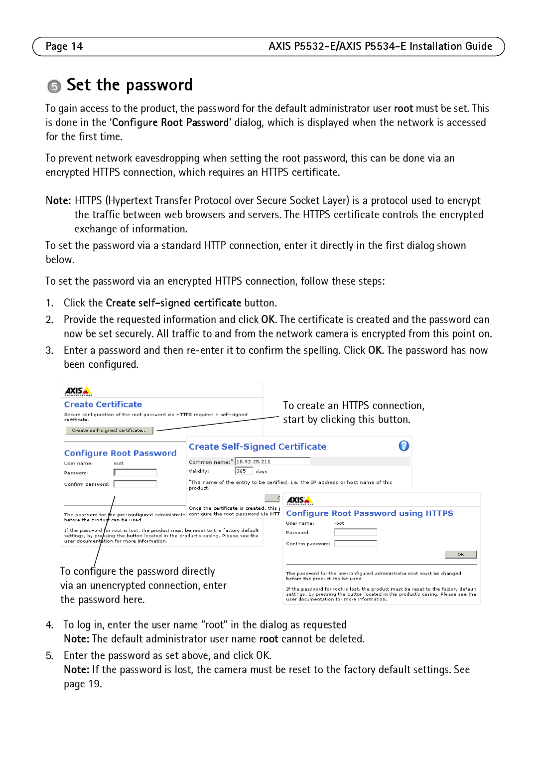 Axis Communications P5532-E manual Set the password, Click the Create self-signed certificate button 