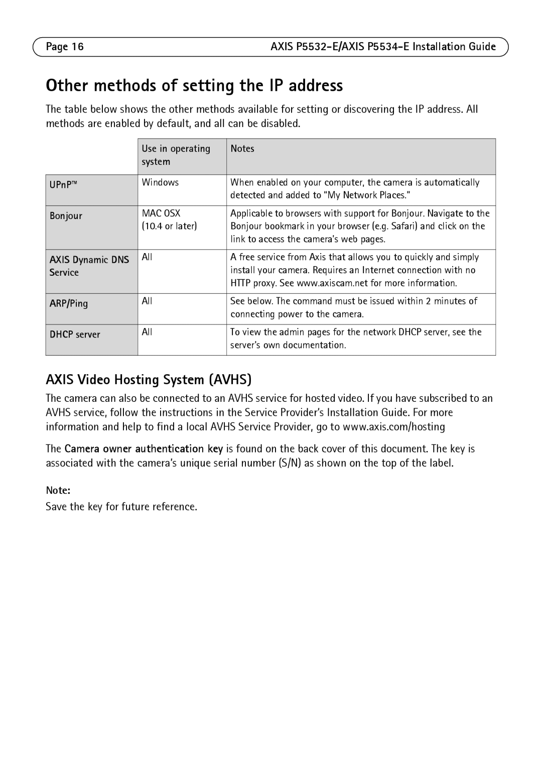 Axis Communications P5532-E manual Other methods of setting the IP address, Axis Video Hosting System Avhs 