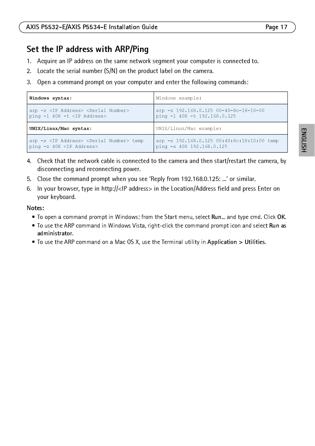 Axis Communications P5532-E manual Set the IP address with ARP/Ping, Windows syntax 