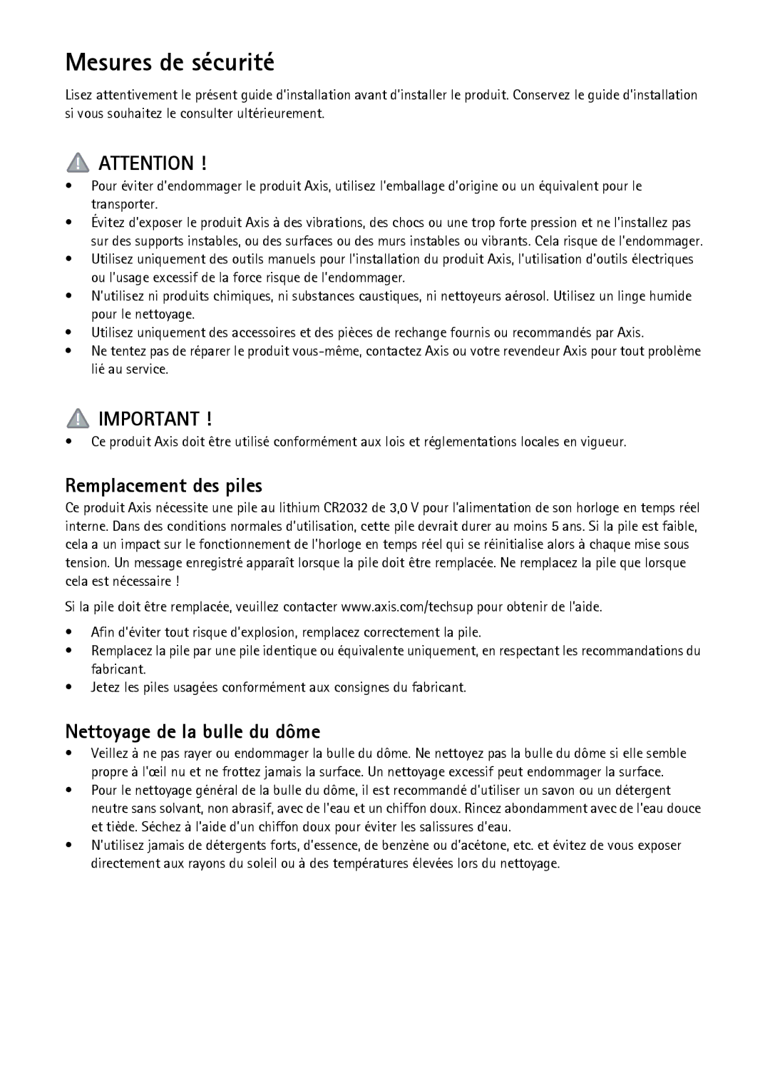 Axis Communications P5532-E manual Mesures de sécurité, Remplacement des piles, Nettoyage de la bulle du dôme 