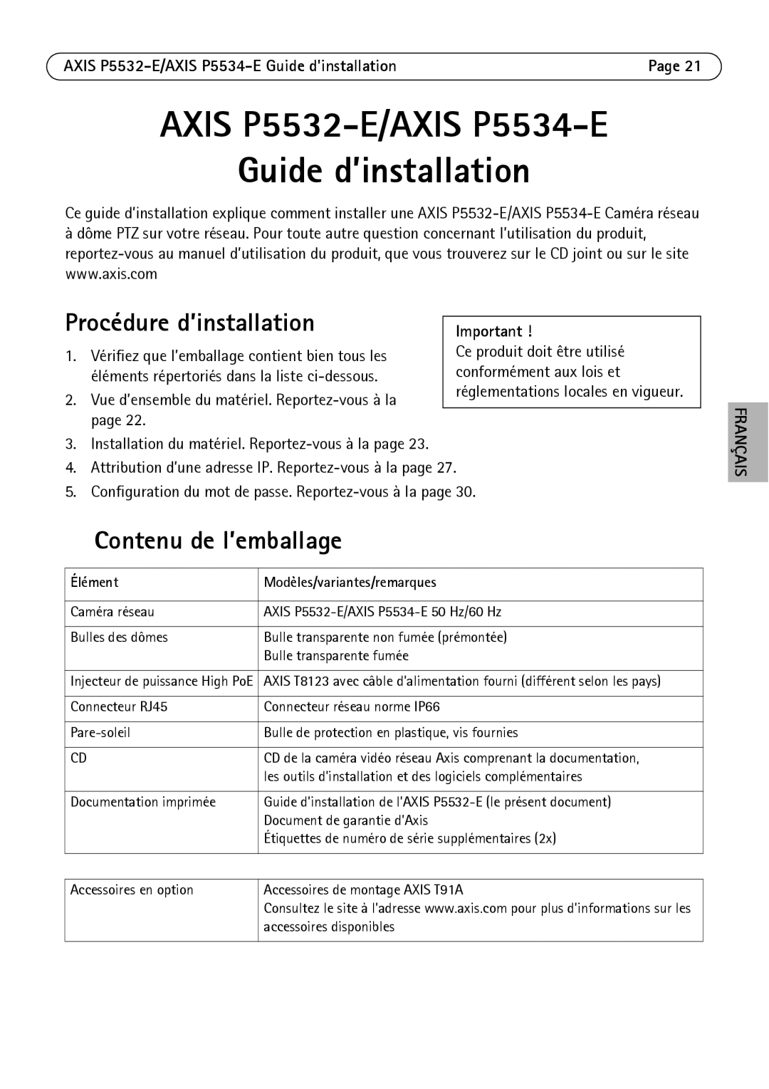 Axis Communications P5532-E manual Procédure d’installation, Contenu de l’emballage, Élément Modèles/variantes/remarques 