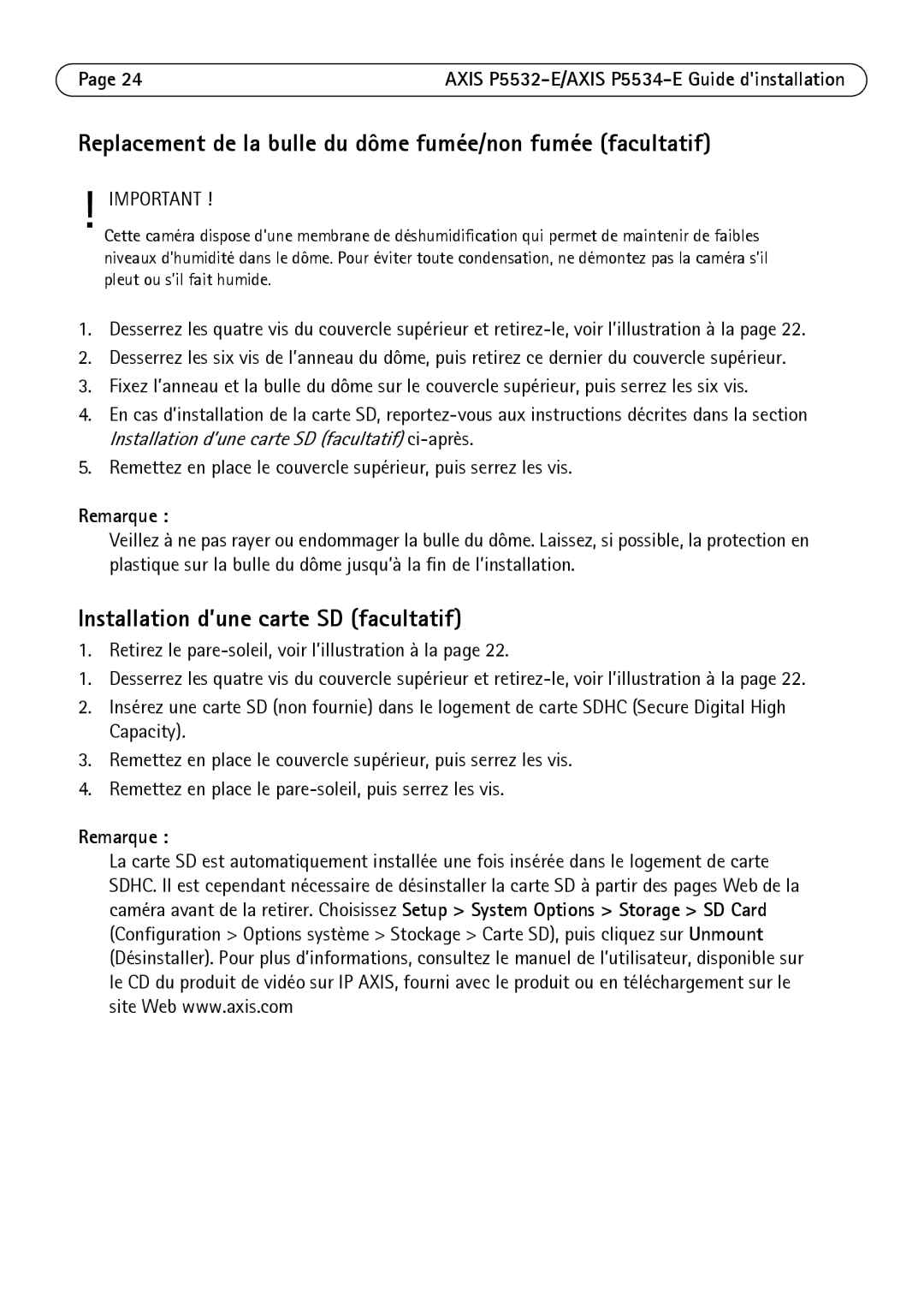 Axis Communications P5532-E manual Replacement de la bulle du dôme fumée/non fumée facultatif, Remarque 