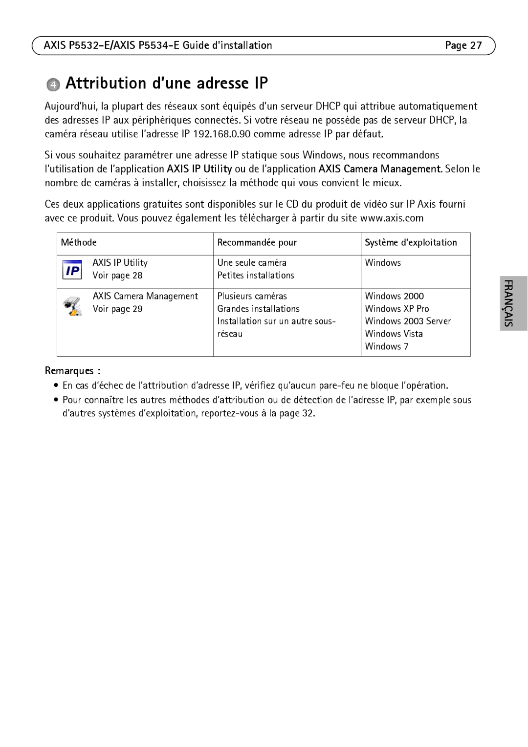 Axis Communications P5532-E manual Attribution d’une adresse IP, Remarques, Méthode Recommandée pour 