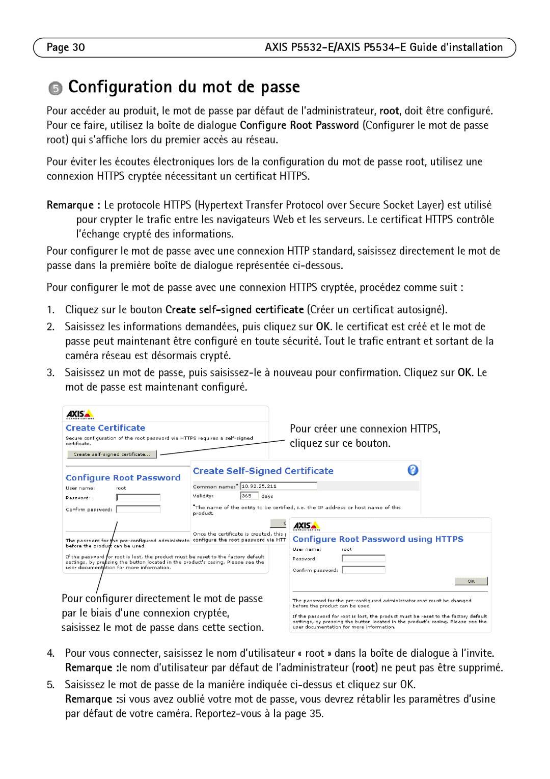 Axis Communications P5532-E manual Configuration du mot de passe, Pour créer une connexion HTTPS, cliquez sur ce bouton 