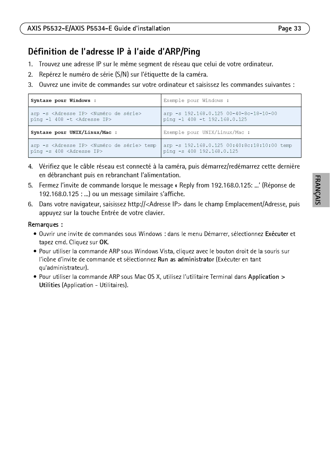 Axis Communications P5532-E manual Définition de l’adresse IP à l’aide d’ARP/Ping 