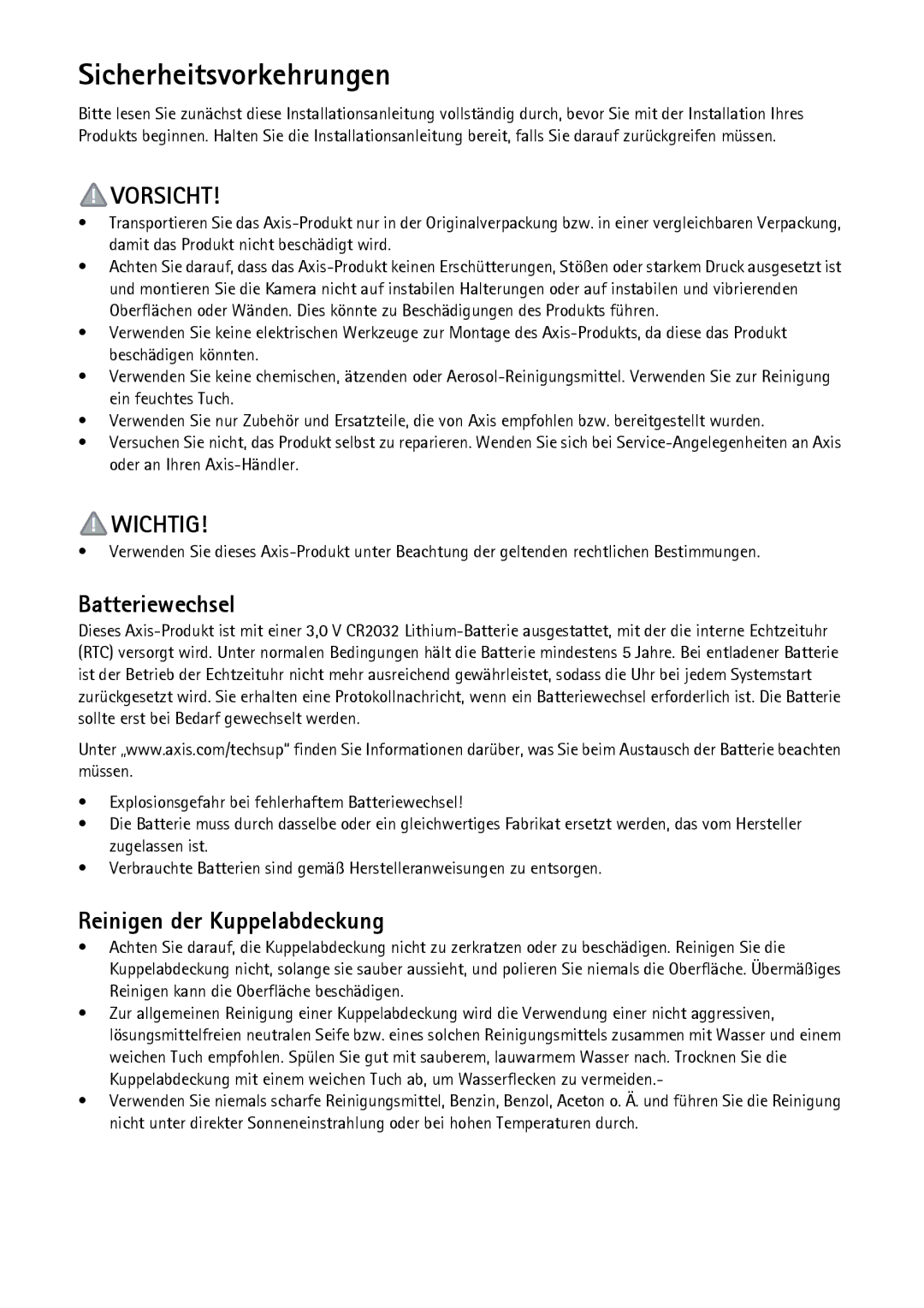 Axis Communications P5532-E manual Sicherheitsvorkehrungen, Batteriewechsel, Reinigen der Kuppelabdeckung 