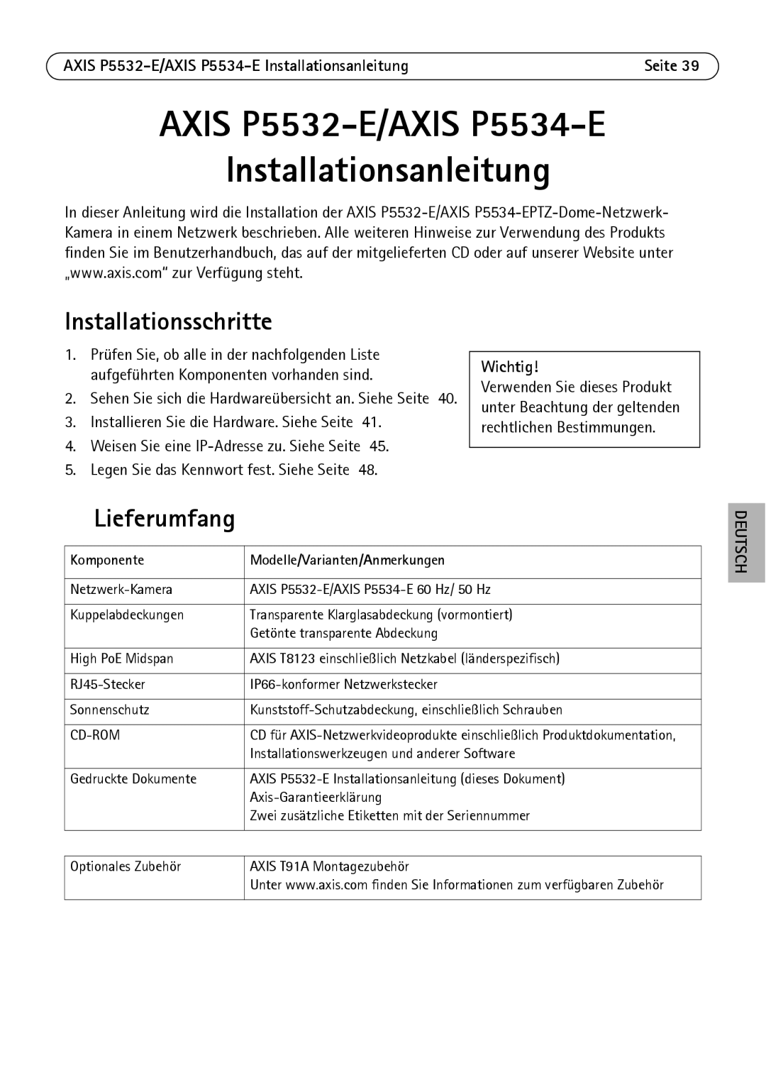 Axis Communications Installationsschritte, Lieferumfang, Axis P5532-E/AXIS P5534-E Installationsanleitung, Wichtig 