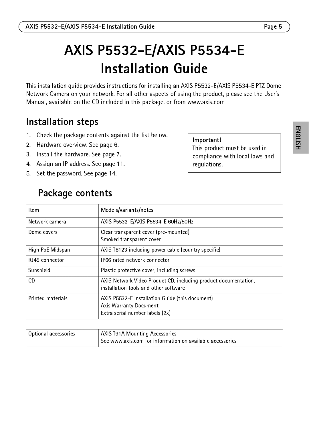 Axis Communications P5532-E manual Installation steps, Package contents 