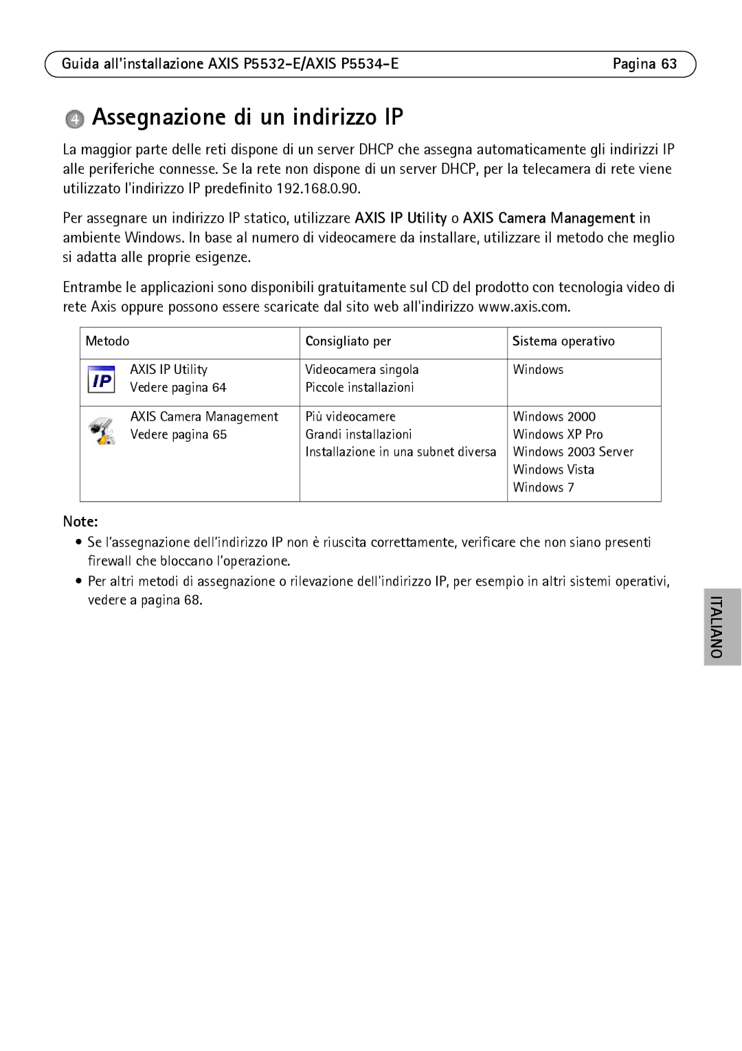 Axis Communications P5532-E manual Assegnazione di un indirizzo IP, Metodo Consigliato per Sistema operativo 