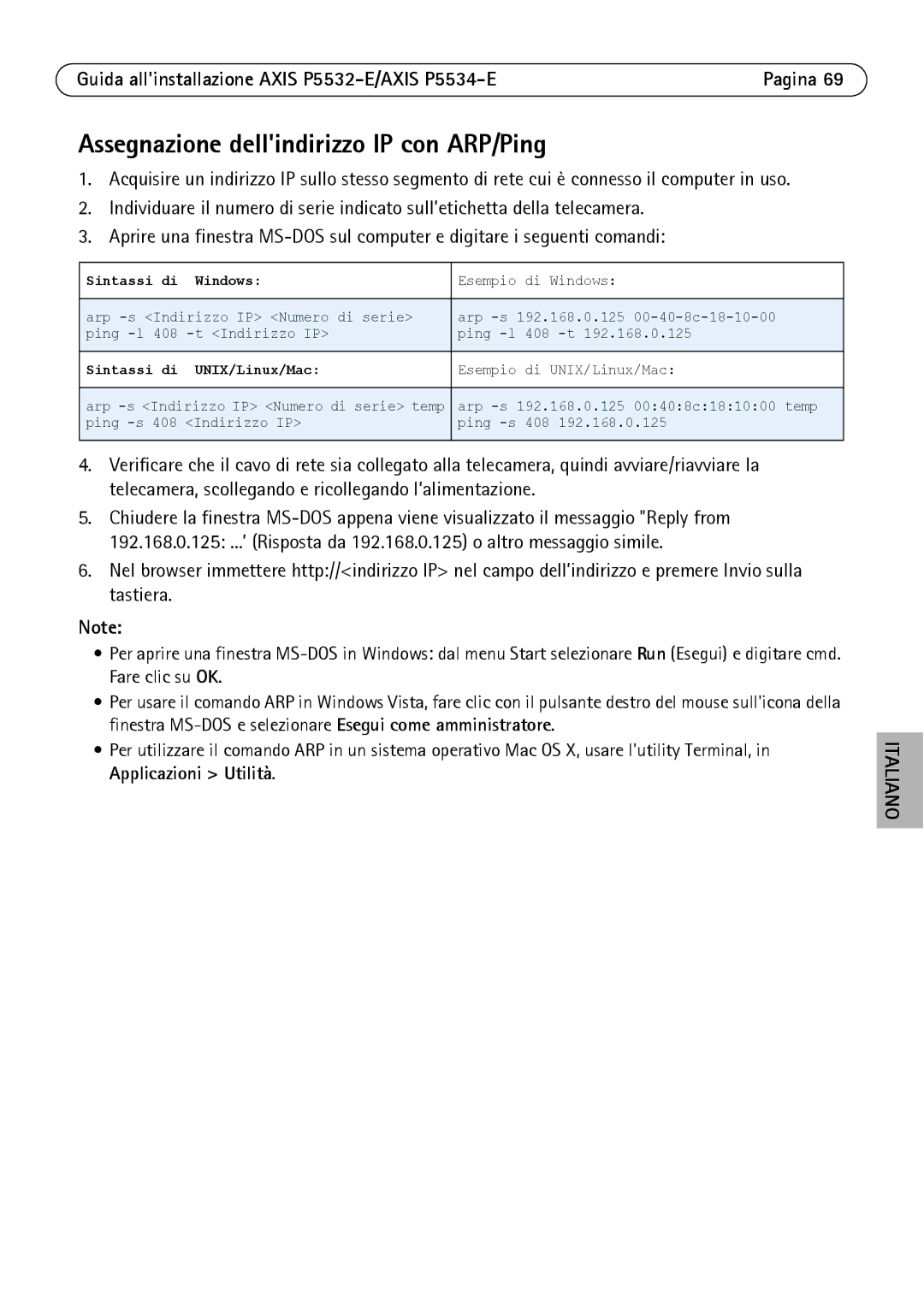 Axis Communications P5532-E manual Assegnazione dellindirizzo IP con ARP/Ping, Sintassi di Windows 