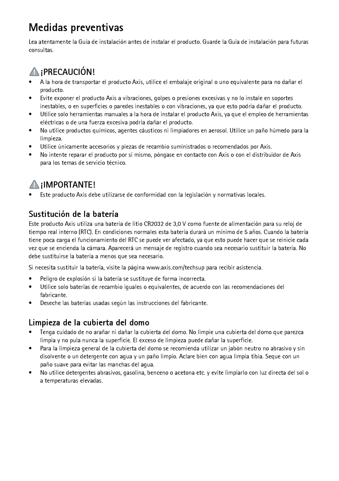 Axis Communications P5532-E manual Medidas preventivas, Sustitución de la batería, Limpieza de la cubierta del domo 