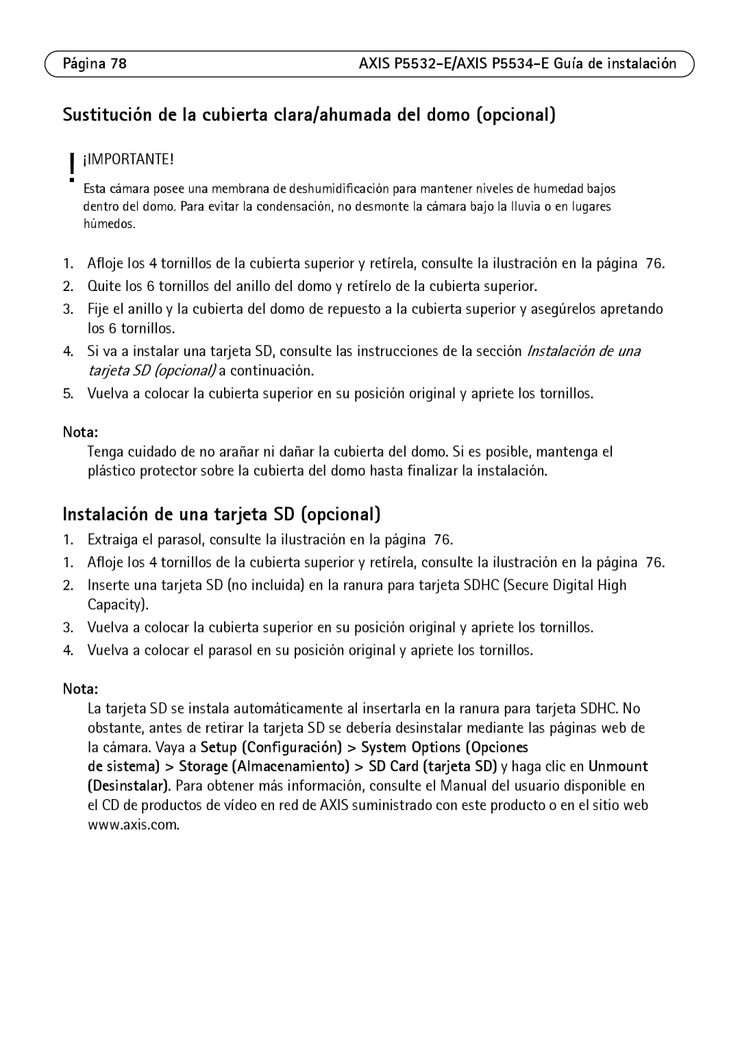 Axis Communications P5532-E manual Sustitución de la cubierta clara/ahumada del domo opcional 