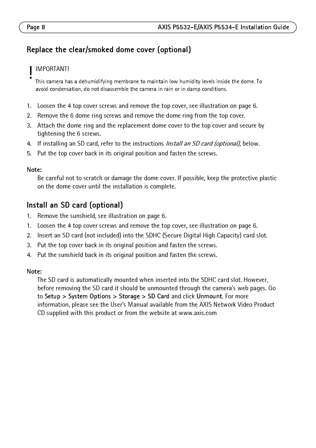 Axis Communications P5532-E manual Replace the clear/smoked dome cover optional, Install an SD card optional 
