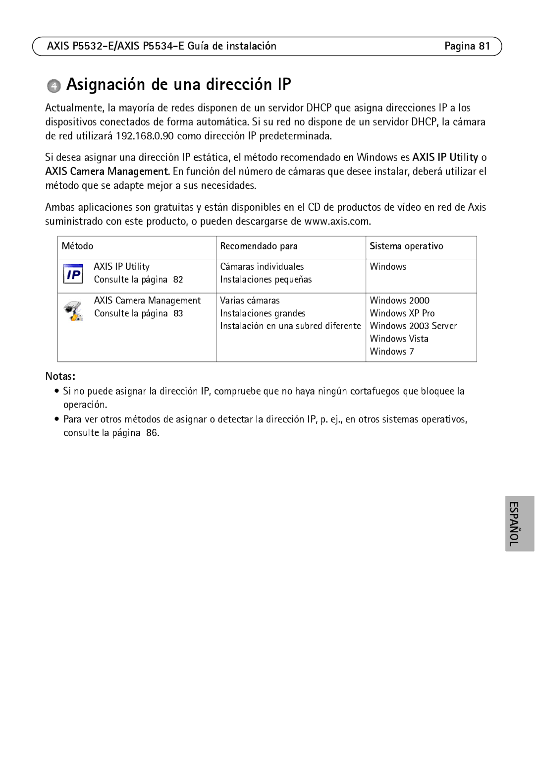 Axis Communications P5532-E manual Asignación de una dirección IP, Notas, Método Recomendado para Sistema operativo 