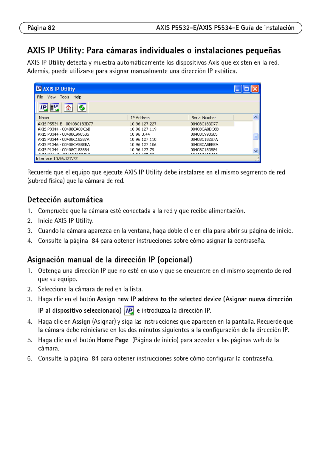 Axis Communications P5532-E Detección automática, Asignación manual de la dirección IP opcional 