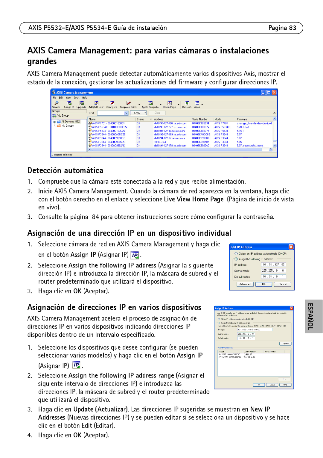 Axis Communications P5532-E manual Asignación de una dirección IP en un dispositivo individual, Haga clic en OK Aceptar 