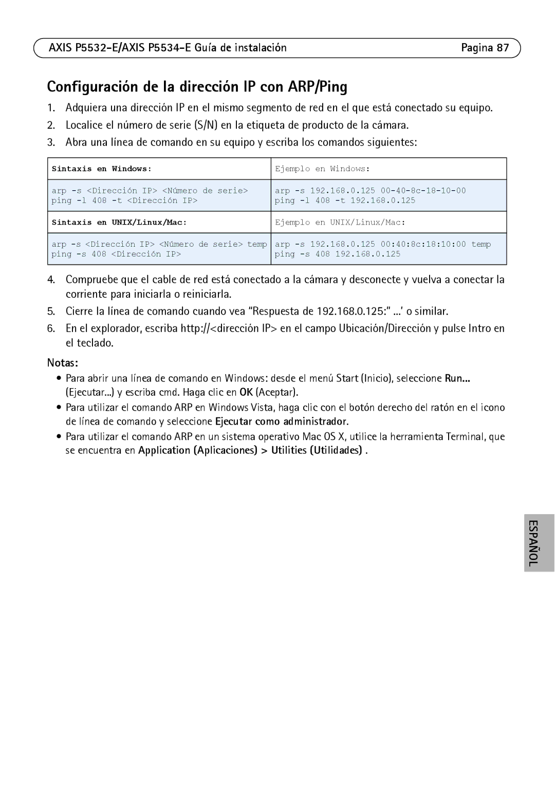 Axis Communications P5532-E manual Configuración de la dirección IP con ARP/Ping, Sintaxis en Windows 