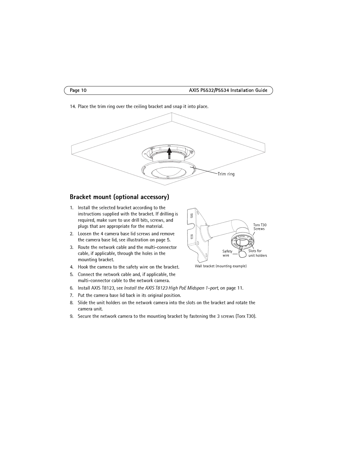 Axis Communications P5532 manual Bracket mount optional accessory, Hook the camera to the safety wire on the bracket 