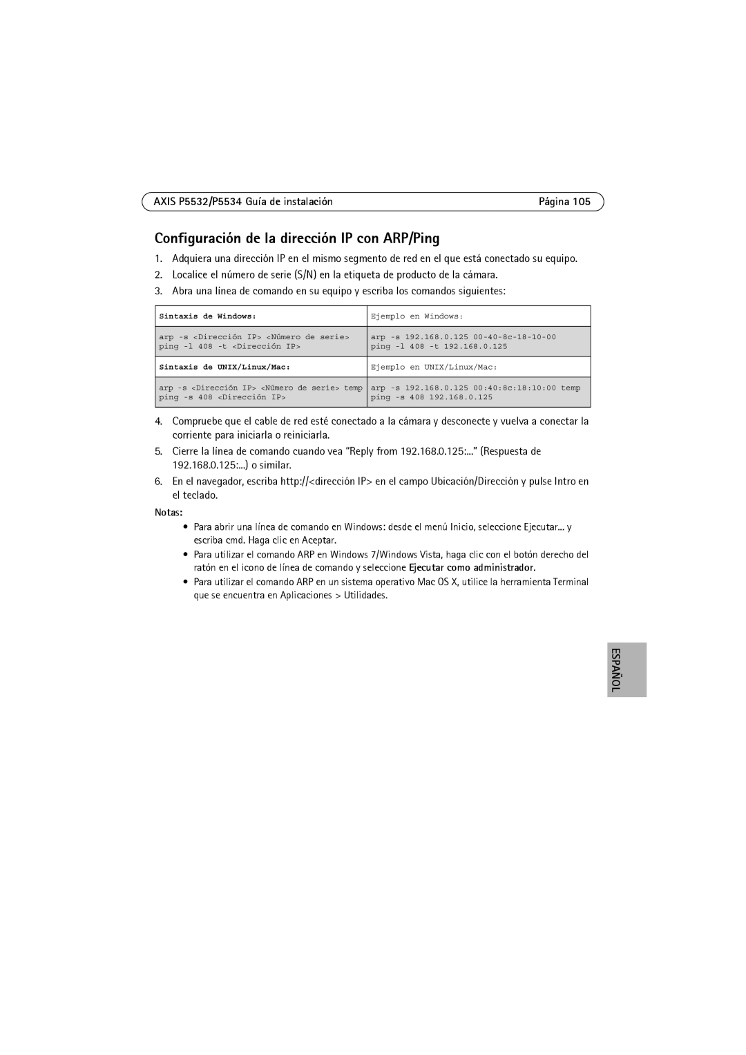 Axis Communications P5532 manual Configuración de la dirección IP con ARP/Ping, Sintaxis de Windows 