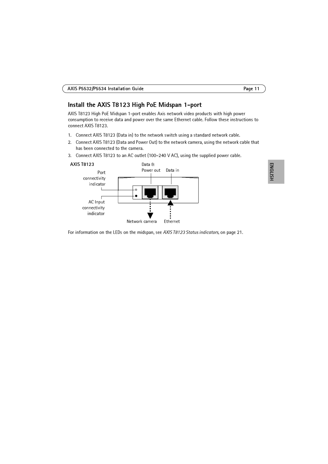 Axis Communications P5532 manual Install the Axis T8123 High PoE Midspan 1-port, Power out Data, Network camera 