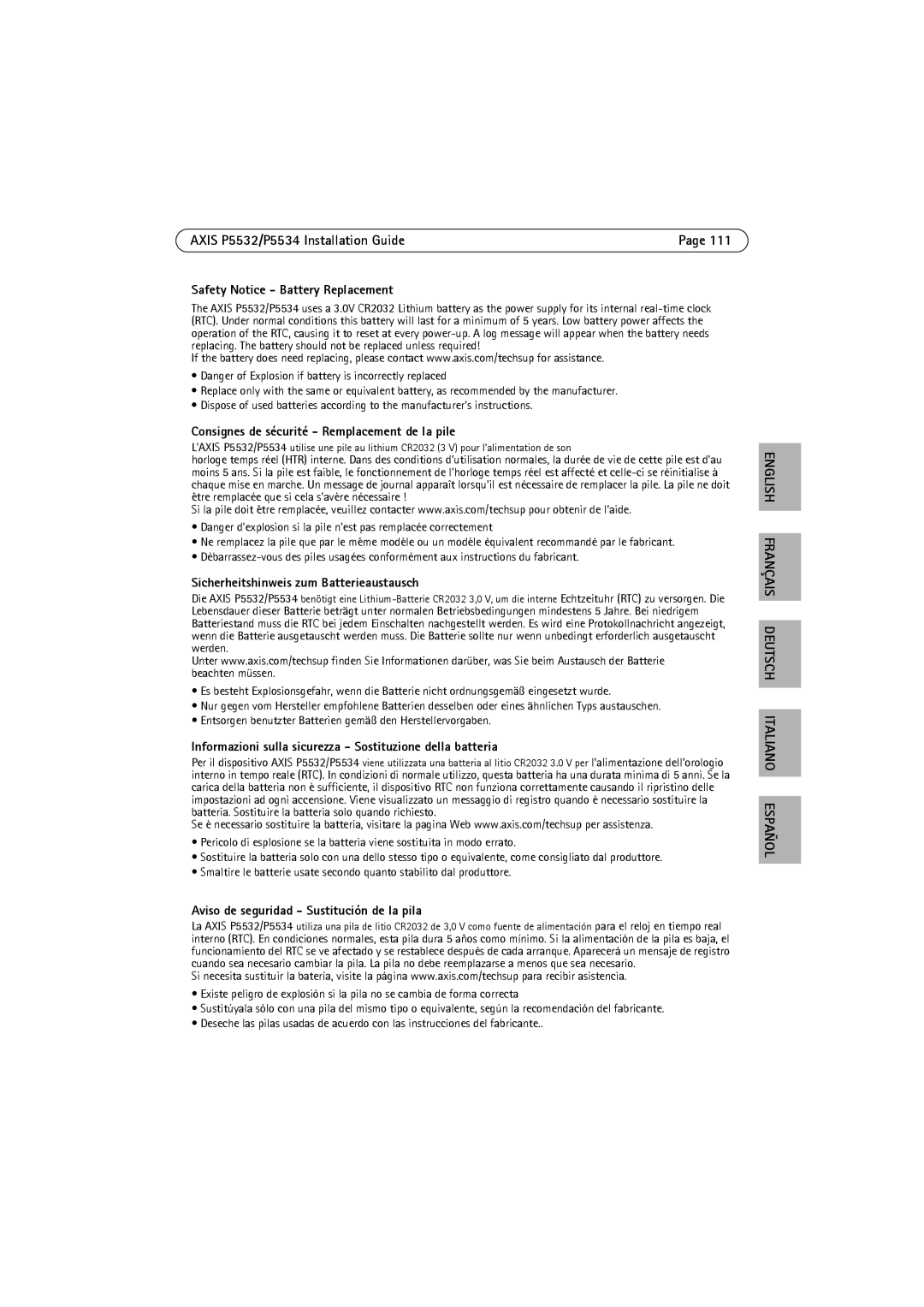 Axis Communications P5532 manual Safety Notice Battery Replacement, Consignes de sécurité Remplacement de la pile 