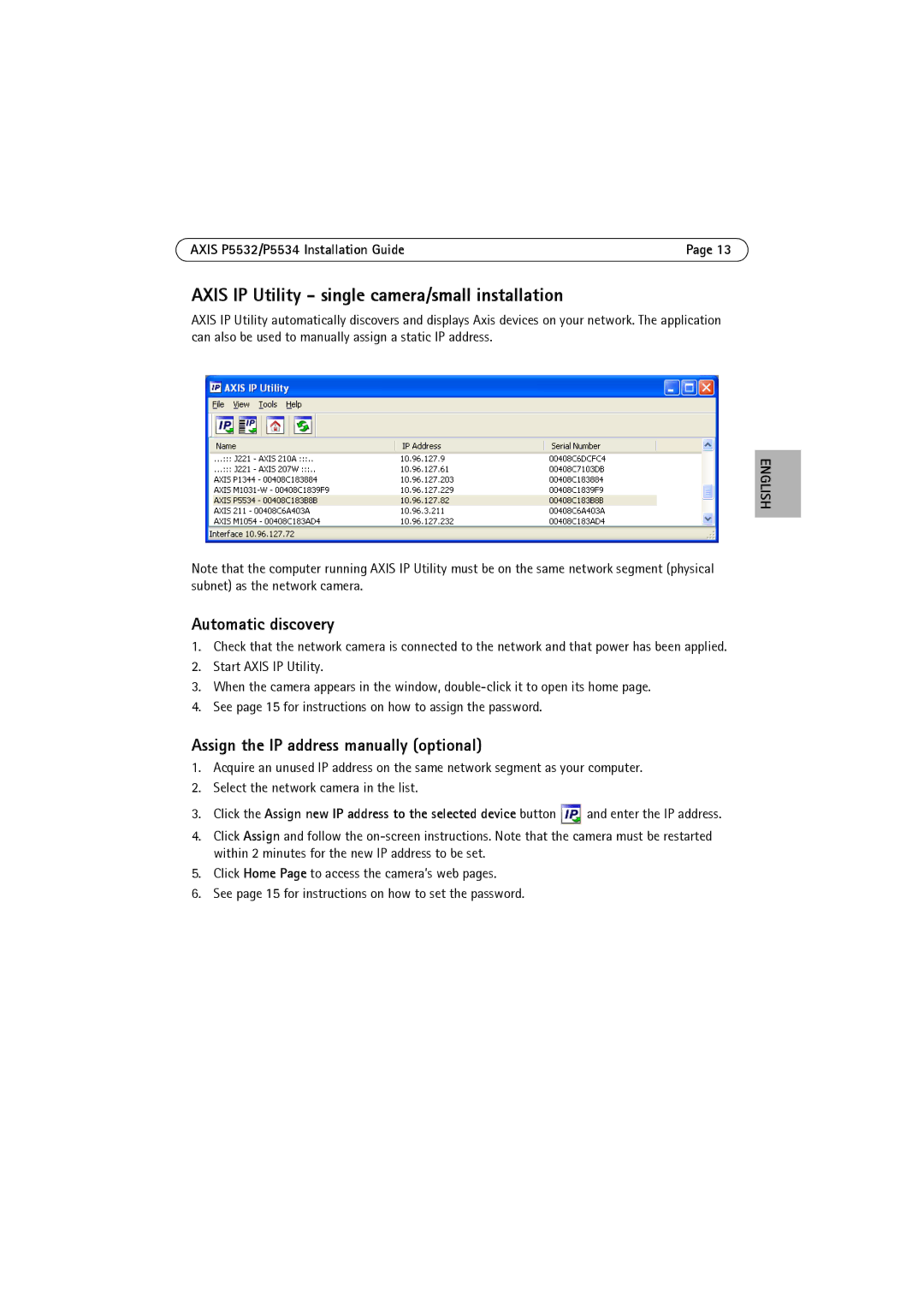 Axis Communications P5532 manual Axis IP Utility single camera/small installation, Automatic discovery 