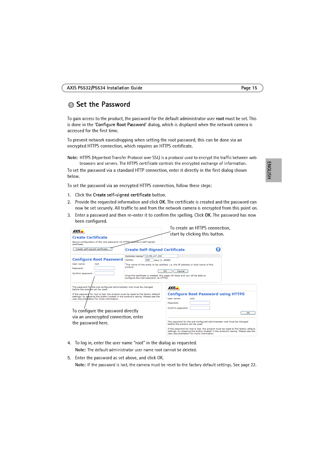 Axis Communications P5532 manual Set the Password, Click the Create self-signed certificate button 