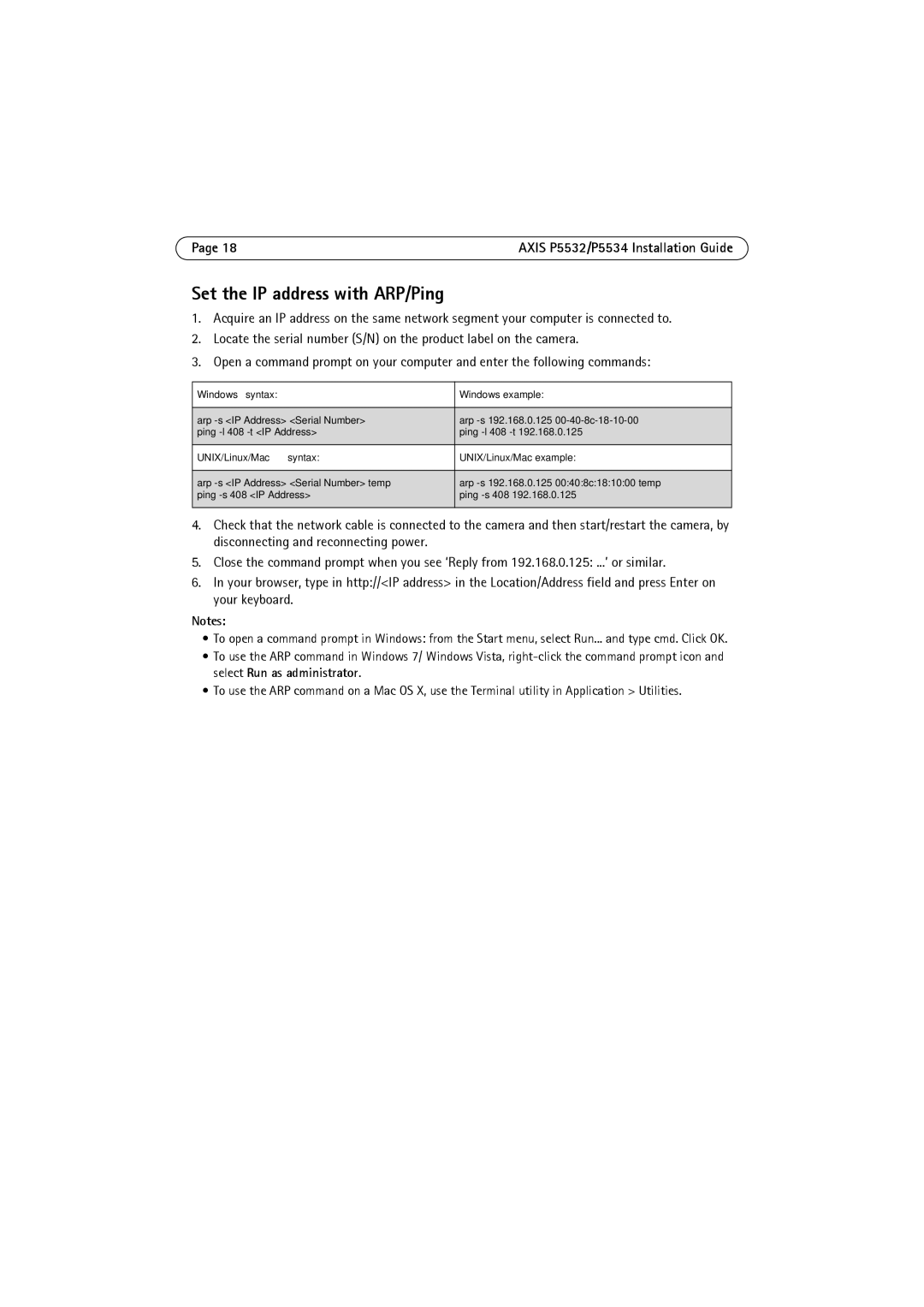 Axis Communications P5532 manual Set the IP address with ARP/Ping, Windows syntax 