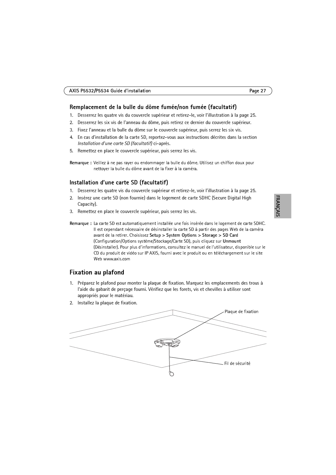 Axis Communications P5532 manual Fixation au plafond, Remplacement de la bulle du dôme fumée/non fumée facultatif 