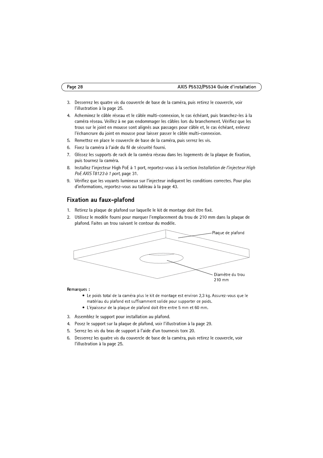 Axis Communications P5532 manual Fixation au faux-plafond, Plaque de plafond Diamètre du trou 210 mm, Remarques 