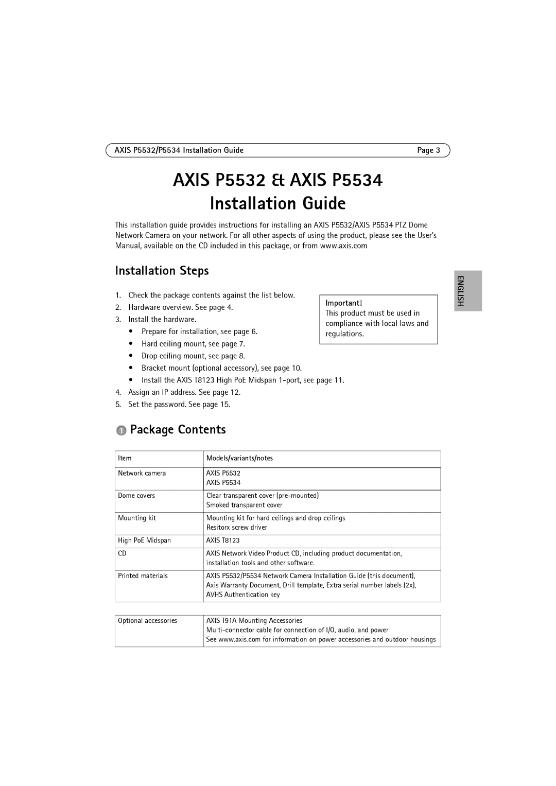 Axis Communications P5532 manual Installation Steps, Package Contents 