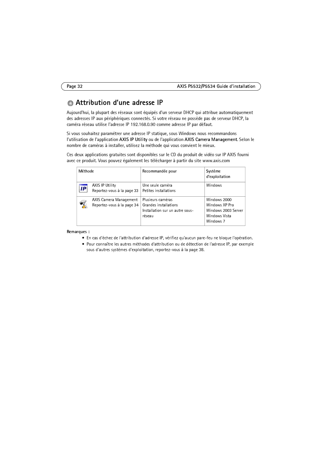 Axis Communications P5532 manual Attribution d’une adresse IP, Méthode Recommandée pour Système ’exploitation 