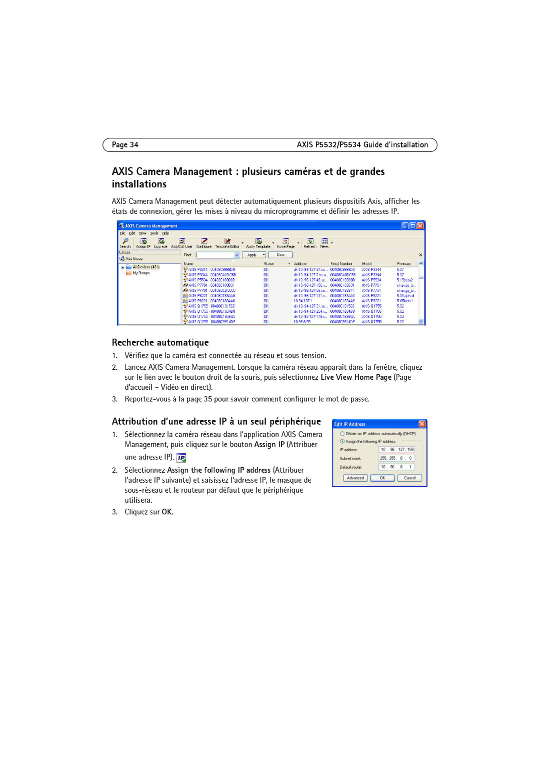 Axis Communications P5532 manual Attribution d’une adresse IP à un seul périphérique 