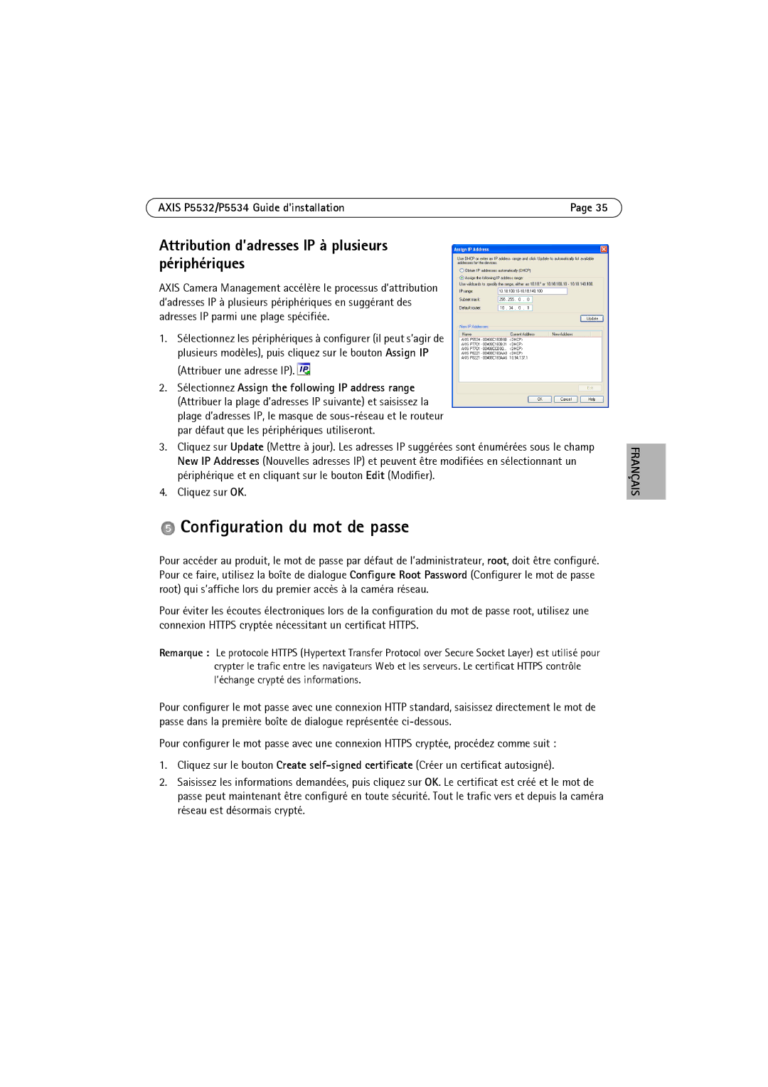 Axis Communications P5532 manual Configuration du mot de passe, Attribution d’adresses IP à plusieurs périphériques 