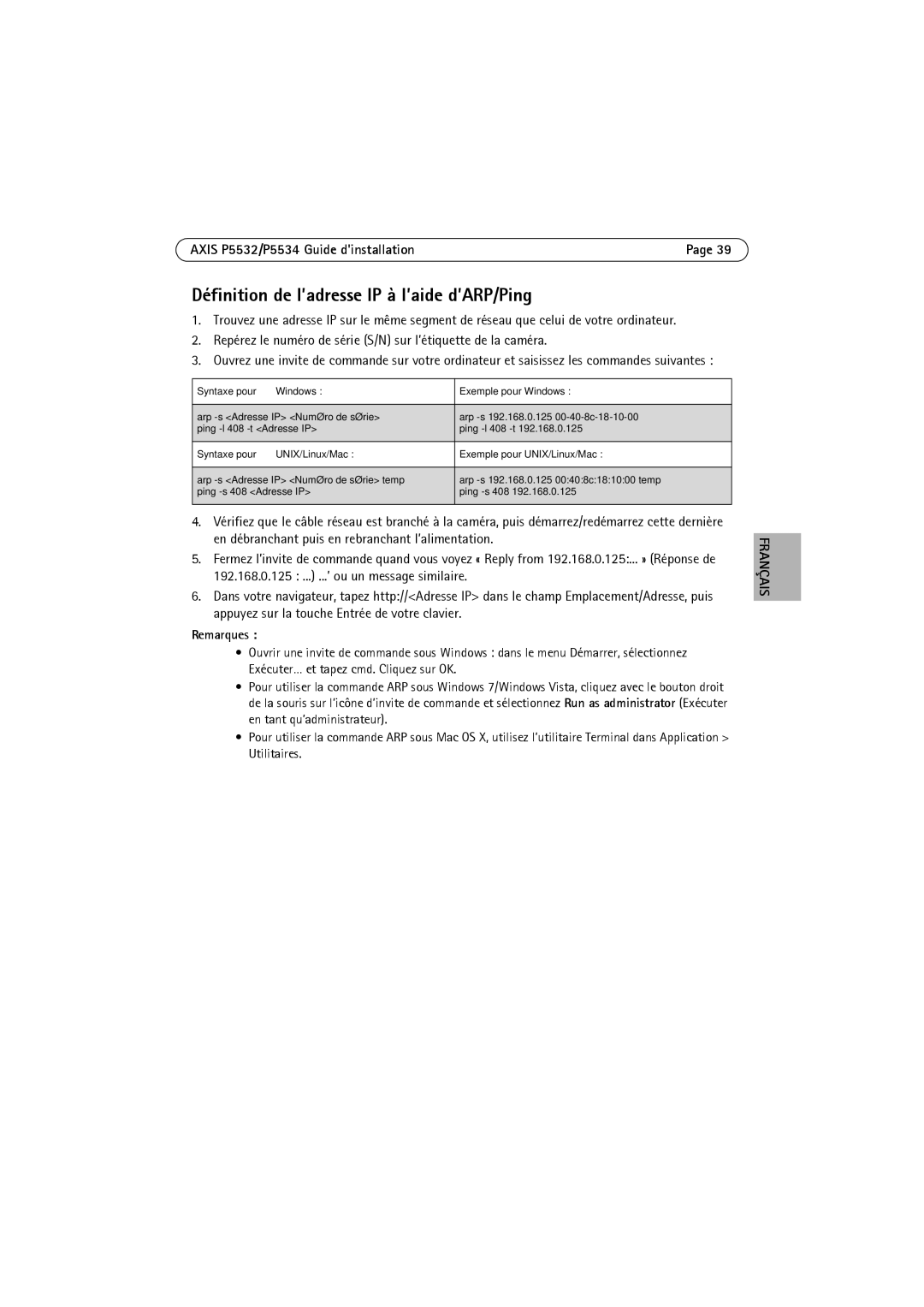 Axis Communications P5532 manual Définition de l’adresse IP à l’aide d’ARP/Ping 