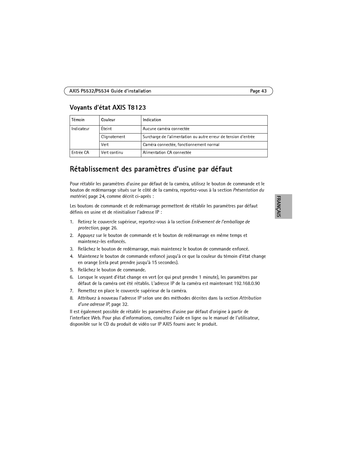 Axis Communications P5532 manual Rétablissement des paramètres d’usine par défaut, Voyants d’état Axis T8123 