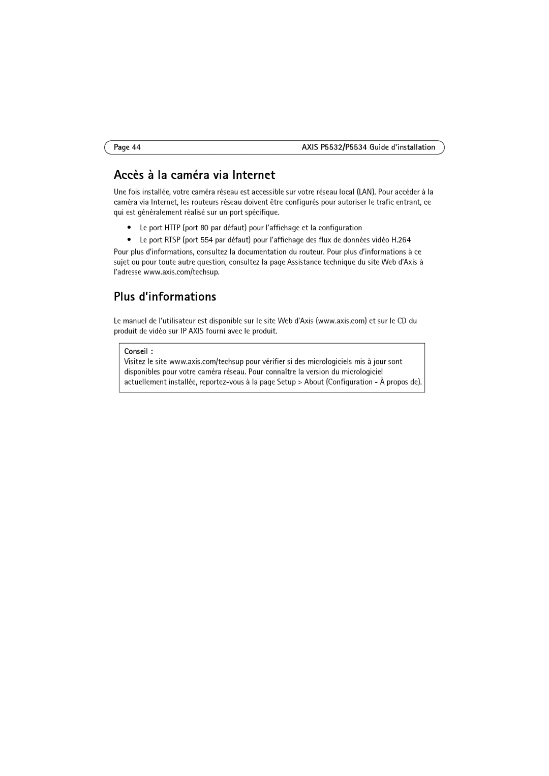 Axis Communications P5532 manual Accès à la caméra via Internet, Plus d’informations 