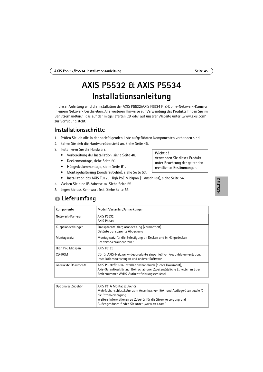 Axis Communications P5532 manual Installationsschritte, Lieferumfang, Komponente Modell/Varianten/Anmerkungen 