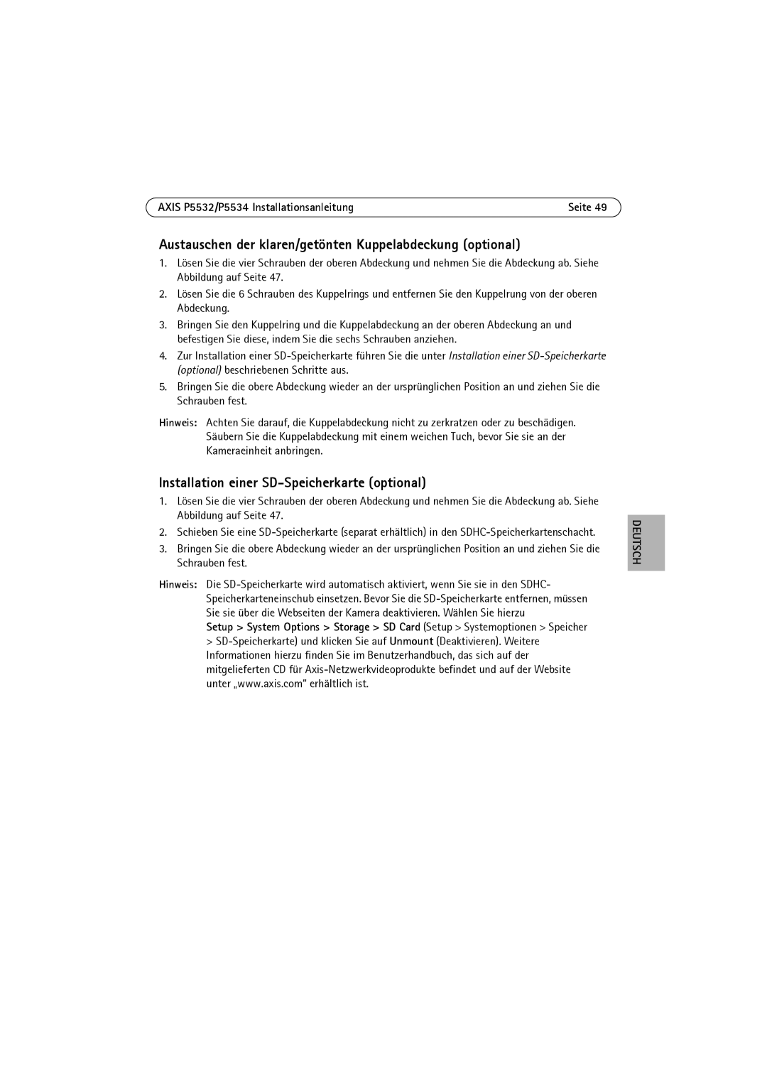 Axis Communications P5532 manual Austauschen der klaren/getönten Kuppelabdeckung optional 