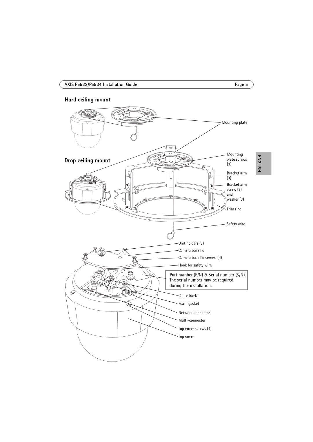 Axis Communications P5532 manual Hard ceiling mount, Drop ceiling mount 