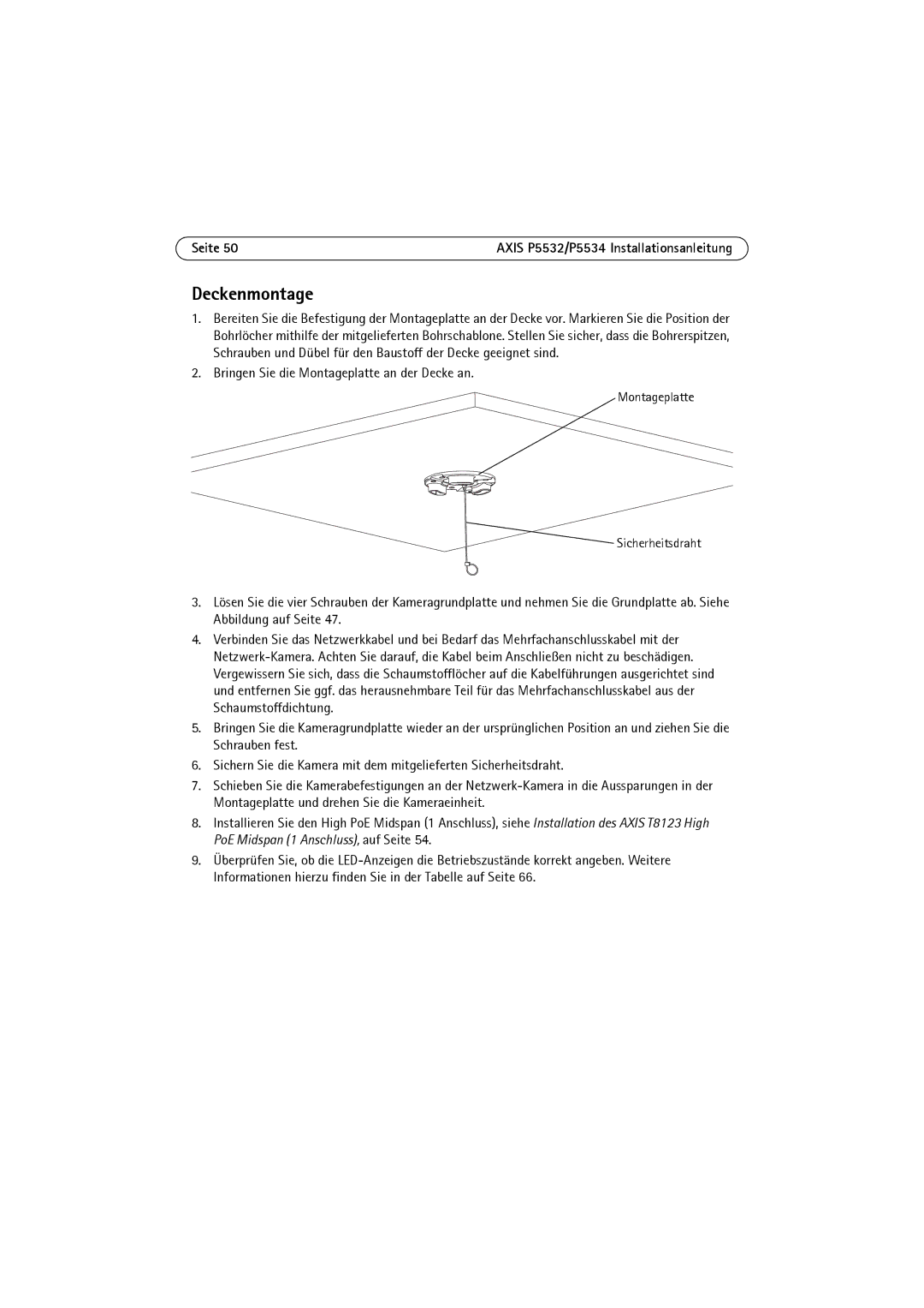 Axis Communications P5532 manual Deckenmontage, Montageplatte Sicherheitsdraht 