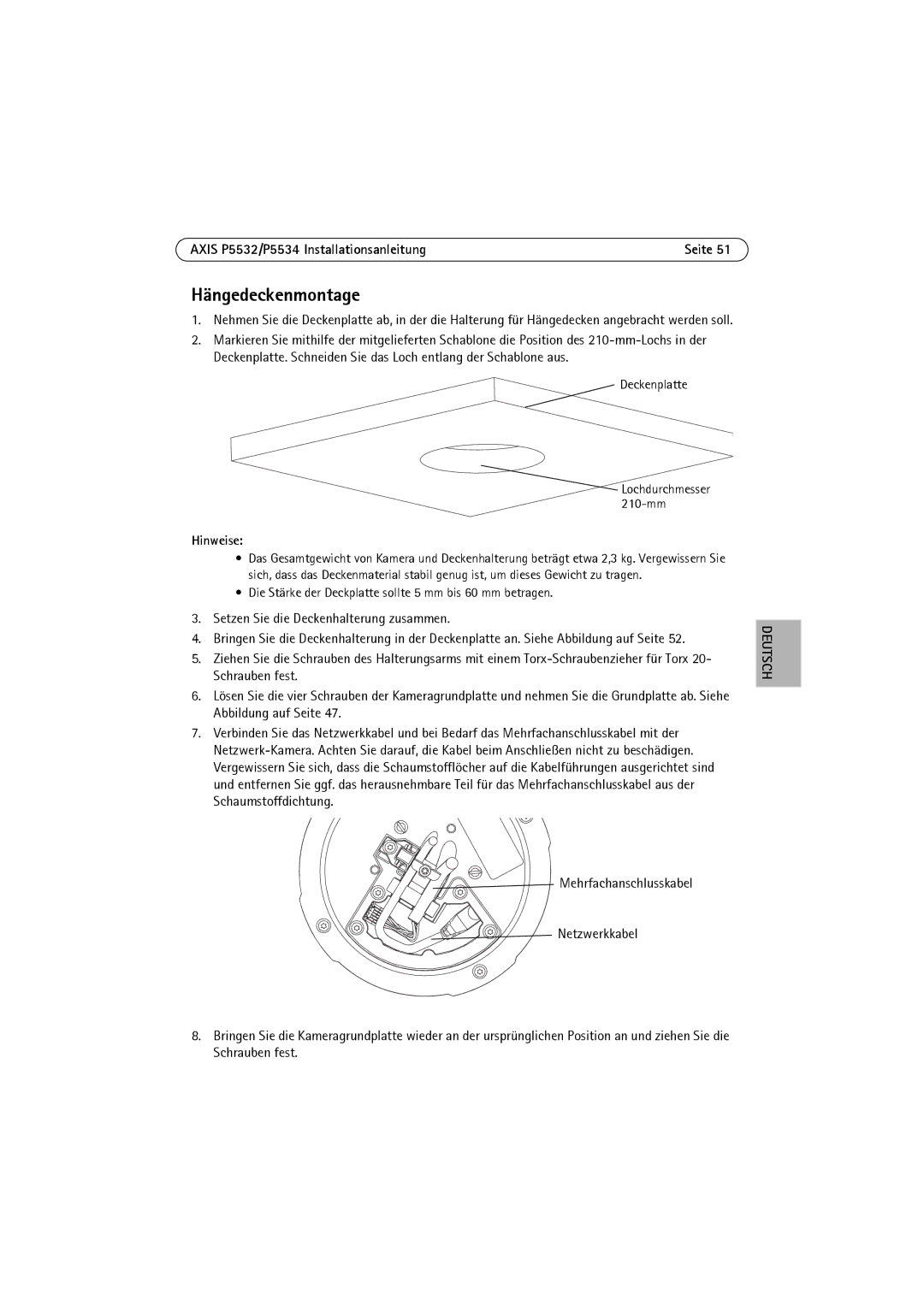 Axis Communications P5532 manual Hängedeckenmontage, Hinweise, Die Stärke der Deckplatte sollte 5 mm bis 60 mm betragen 