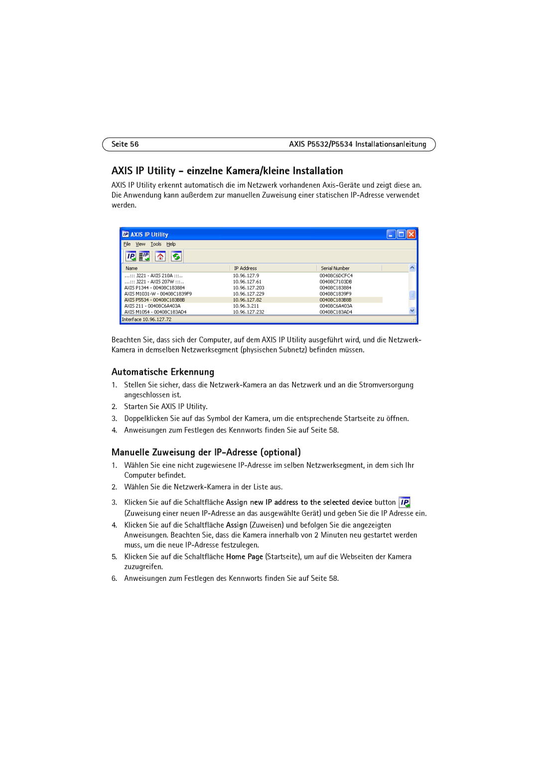 Axis Communications P5532 manual Axis IP Utility einzelne Kamera/kleine Installation, Automatische Erkennung 