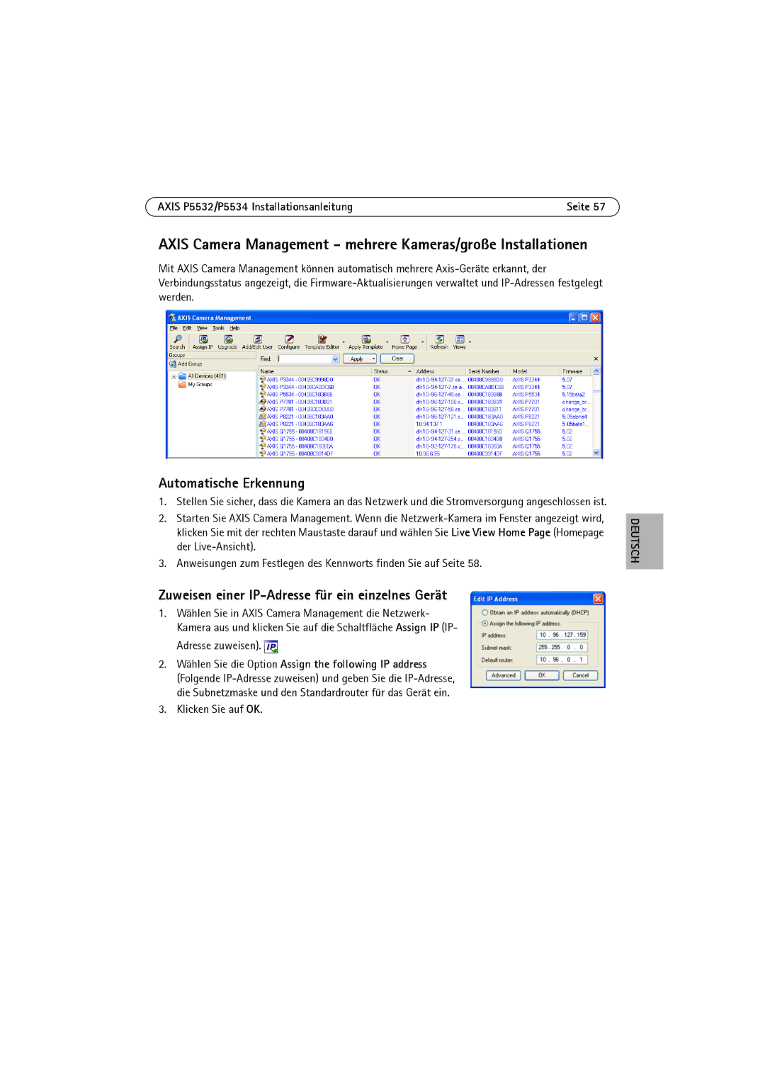 Axis Communications P5532 manual Axis Camera Management mehrere Kameras/große Installationen 