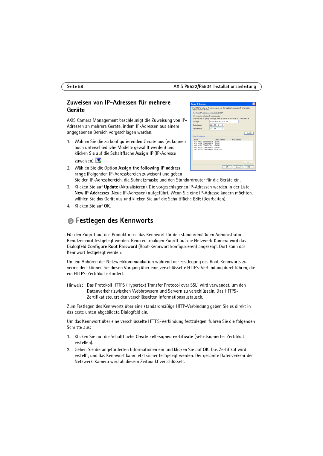 Axis Communications P5532 manual Festlegen des Kennworts, Zuweisen von IP-Adressen für mehrere Geräte 