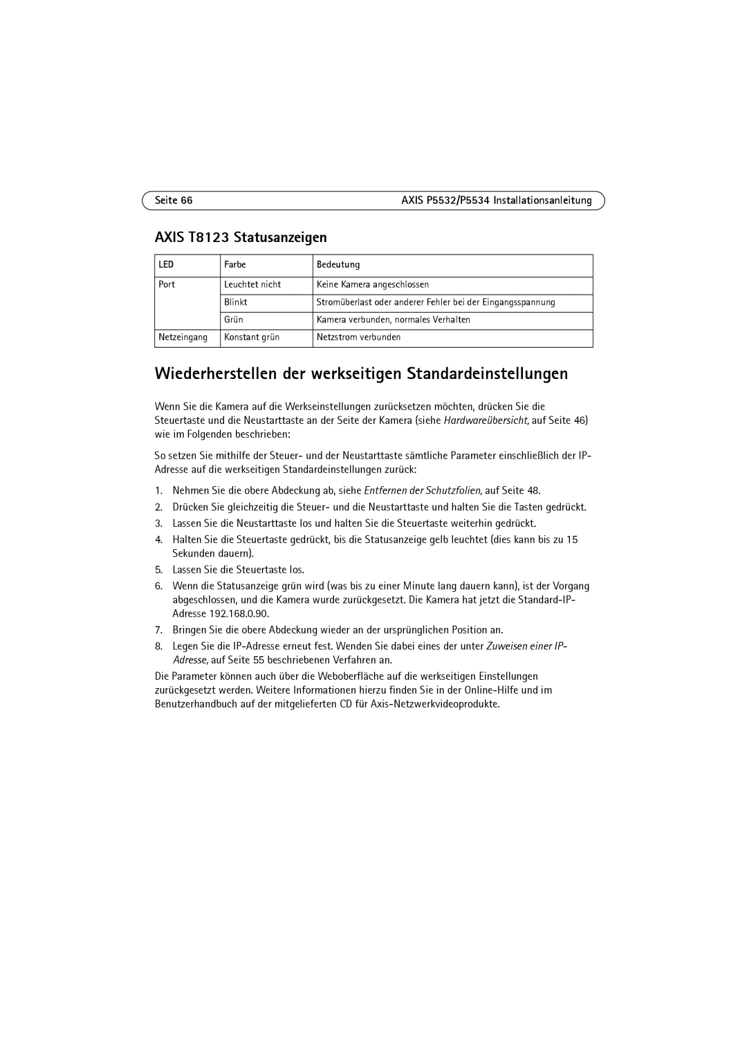 Axis Communications P5532 manual Axis T8123 Statusanzeigen, Port Leuchtet nicht Keine Kamera angeschlossen Blinkt 