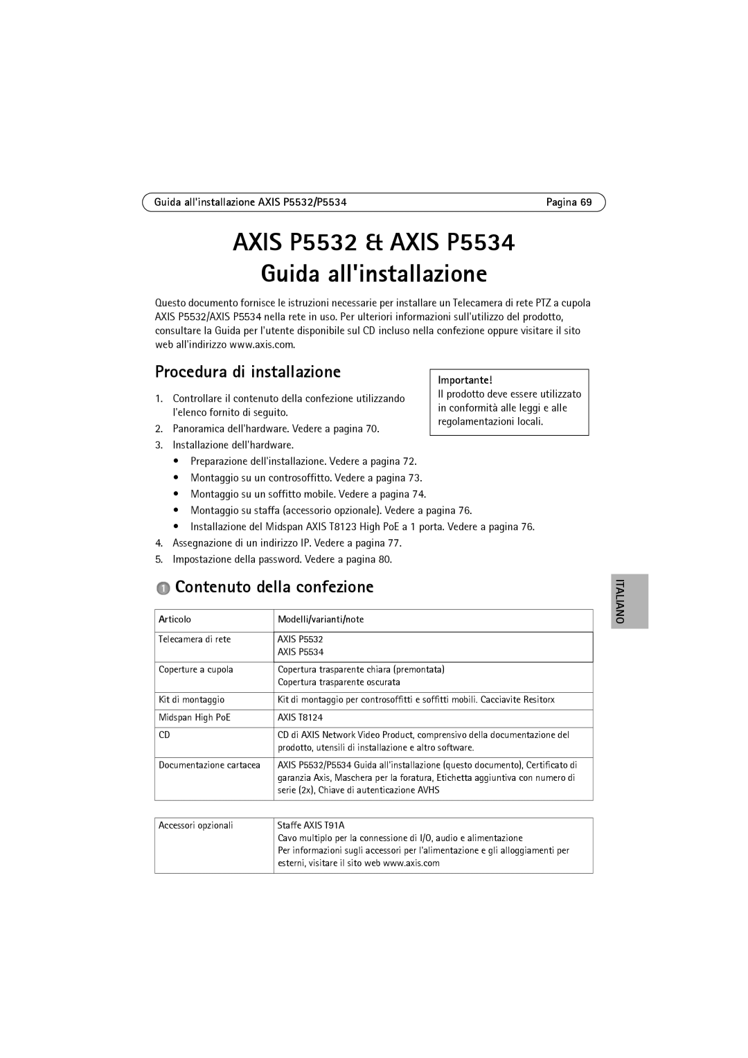 Axis Communications P5532 manual Procedura di installazione, Contenuto della confezione, Articolo Modelli/varianti/note 