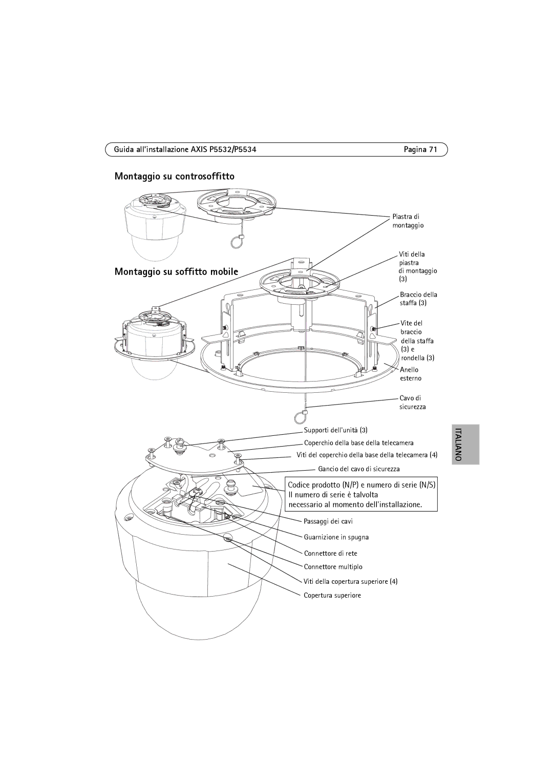 Axis Communications P5532 manual Montaggio su controsoffitto, Montaggio su soffitto mobile 