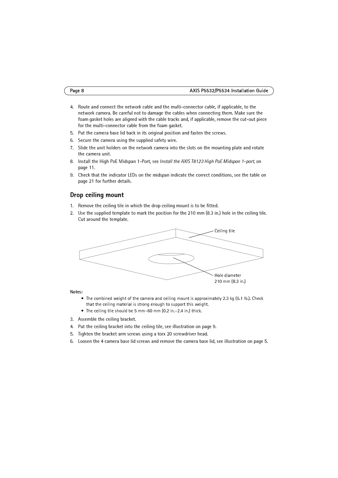 Axis Communications P5532 manual Drop ceiling mount 