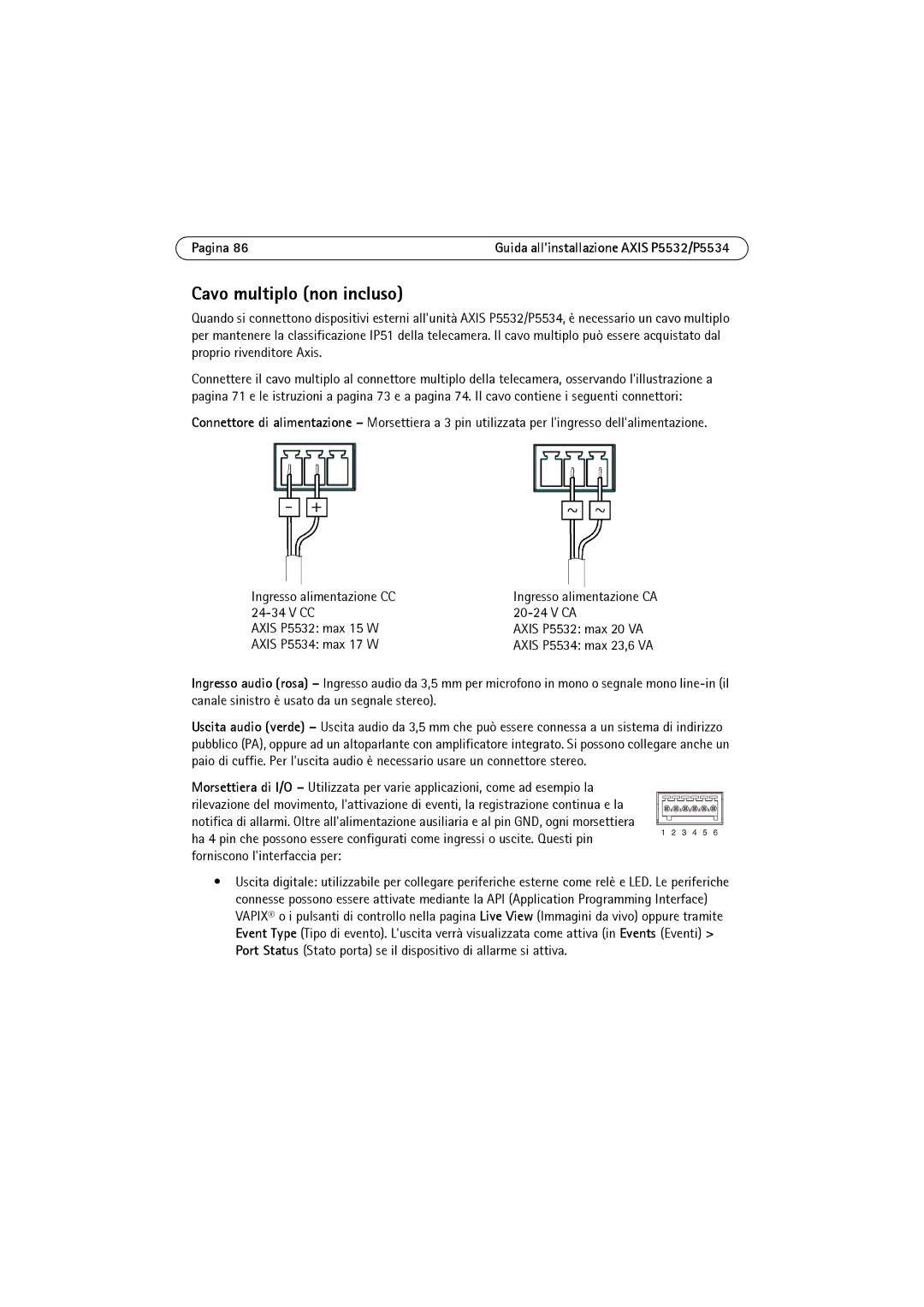 Axis Communications manual Cavo multiplo non incluso, Axis P5532 max 20 VA 